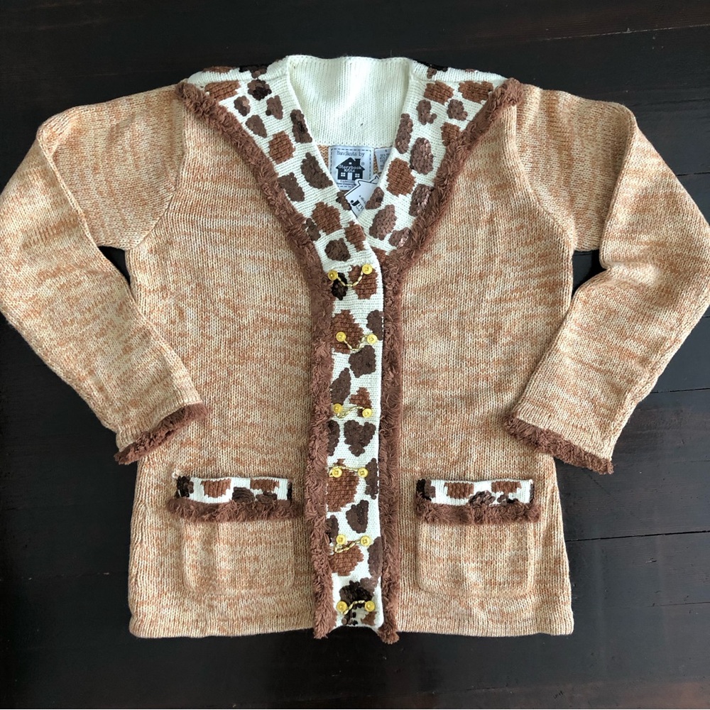 Vintage 1990s Storybook Knits Bedazzled Giraffe Print Cardigan Sweater Sequin S